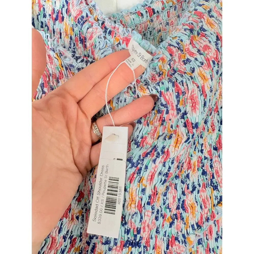 NWT Poupette St Barth Soledad Smocked Off Shoulder Maxi Dress XS Blue Spring - Picture 7 of 7